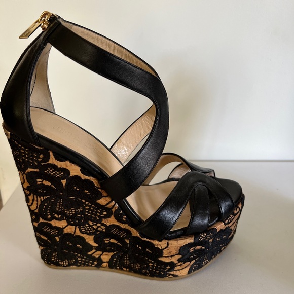 Jimmy Choo Black Leather Parrow Lace Wedge Platform Sandals Size 36.5 - Picture 6 of 10